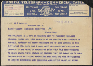 Workers Unity Council telegram to Sacco-Vanzetti Defense Committee, Montreal, Quebec, Canada, August 22, 1927