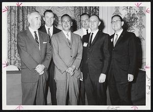 Food Brokers Gather. Participants in the National Food Brokers seminar held at the Sheraton Plaza Hotel pose. From left, Arthur G. Curren, Arthur G. Curren Co., Braintree; Joseph T. McDermott, McDermott Food Brokers, Inc., Albany, N.Y.; Philip L. Abelson, Philip L. Abelson Co., Brookline; Robert P. Marsh, A. H. Morse Co., Brookline; Prof. Frank Johnson, University of Utah seminar conductor, and Mark M. Singer, group vice president.