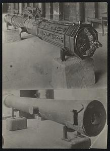 Two of the oldest and most interesting cannons now included in 100 million francs collection in Paris, the largest in the world. Upper: The finest cannon ever cast by France called: "The Snake". It is covered with magnificently sculptured figures of a man and woman embracing. Lower: Oldest cannon in the world cast in France in 1404.