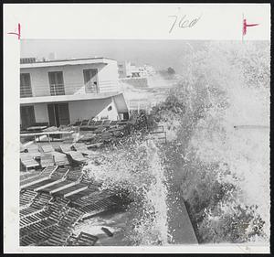 Huge Wave, top left, breaking over a seawall pours water over vacated cabana lounges at a Miami Beach, Fla., hotel yesterday. High tides and waves caused flooding and some damage along the Gold Coast. Top right, trailer homes on Long Beach Island, N.J., near Beach Haven inlet, are piled up like a train wreck scene after storm lashed Atlantic coast. Damage was in millions. Monster waves, bottom right, pound over the seawall in front of a restaurant and lighthouse yesterday at Miami Beach, Fla. In background is Collins Ave., bridge spanning the Bakers Haulover waterway north of the city.