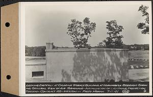 Contract No. 105, Lightning Protection for Buildings, Barre, Belchertown, Hardwick, Marlborough, Rutland, Southborough, Weston, West Boylston, looking easterly at chlorine storage building at Norumbega Reservoir showing general view of air terminals, Weston, Mass., Jul. 11, 1941