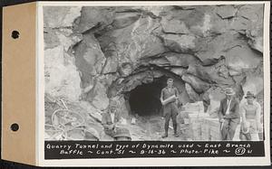 Contract No. 51, East Branch Baffle, Site of Quabbin Reservoir, Greenwich, Hardwick, quarry tunnel and type of dynamite used, east branch baffle, Hardwick, Mass., Sep. 16, 1936
