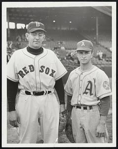 Two Chances To Spell the same-sounding name. In fact both these athletes are used to spelling pitchers, although they'd like to be starters. At the left is Charley Schanz of the Red Sox and at the right is Bobby Shantz of the Athletics. This was not a chance meeting of the two, but was arranged by the Schanz-or-Schantz-taking photographer.