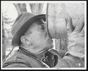 Harrison Miles - Hartland Vermont tries a sample of Maple sap from a tree bucket.
