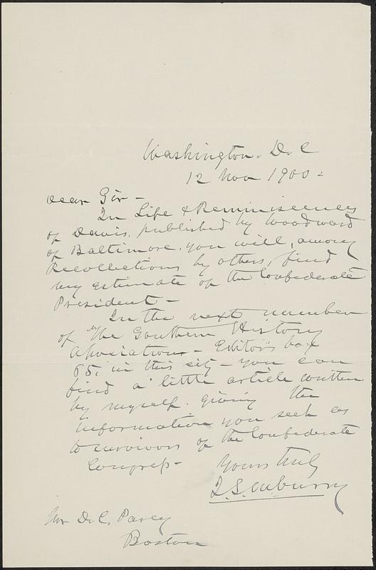 Letter from Washington, D.C., to Darwin C. Pavey, Boston, 1900 November 12