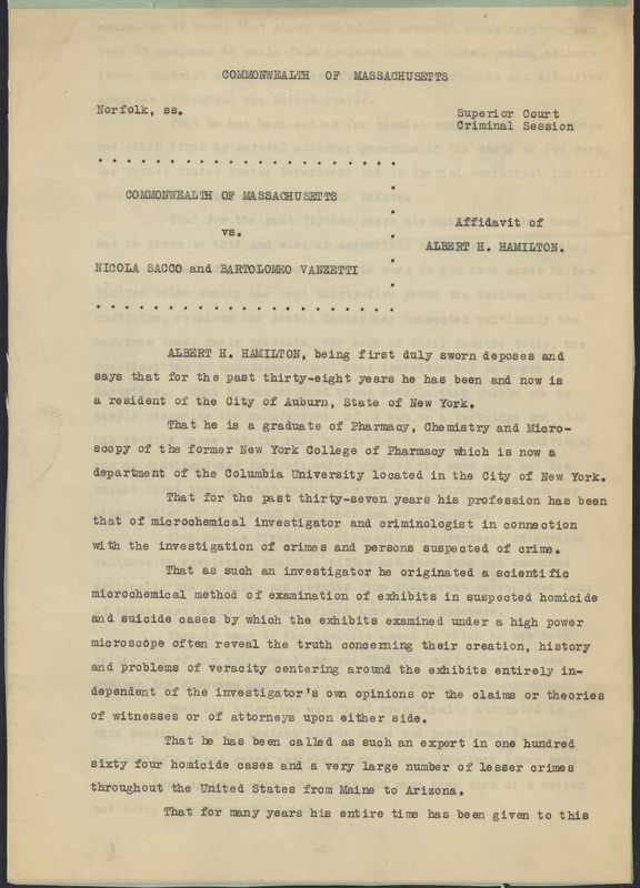 Sacco-Vanzetti Case Records, 1920-1928. Defense Papers. Affidavits of ...