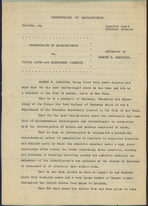 Sacco-Vanzetti Case Records, 1920-1928. Defense Papers. Affidavits of Albert H. Hamilton, April 1923. Box 16, Folder 2, Harvard Law School Library, Historical & Special Collections