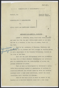 Sacco-Vanzetti Case Records, 1920-1928. Defense Papers. Affidavit of Albert H. Hamilton (annotated), October 16, 1923. Box 16, Folder 4, Harvard Law School Library, Historical & Special Collections