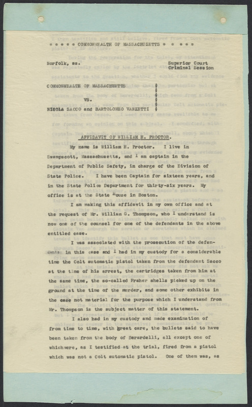 Sacco-Vanzetti Case Records, 1920-1928. Defense Papers. Affidavit of ...