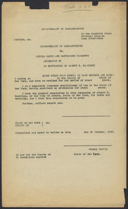 Sacco-Vanzetti Case Records, 1920-1928. Defense Papers. Affidavits re: Albert H. Hamilton, Joseph W. Keith, Max Poser, Ernest N. Pattee, George H. Bond, 1923. Box 16, Folder 21, Harvard Law School Library, Historical & Special Collections