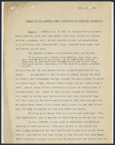 Sacco-Vanzetti Case Records, 1920-1928. Defense Papers. Digest of van Amburgh, Reply Affidavit to Hamilton Affidavit, October 26, 1923. Box 16, Folder 34, Harvard Law School Library, Historical & Special Collections