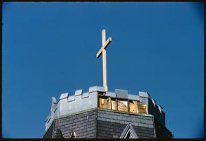 Cross above crenellated polygonal roof, Boston
