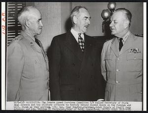 The Senate Armed Services Committee 5/9 called Secretary of State Dean Acheson and top military officers to testify behind closed doors on the foreign aid bill. Shown as they arrive, LTR: Gen. Omar Bradley, chairman, Joint Chiefs of Staff; Secy Acheson; and Adm. William M. Fechteler, Chief of Naval Operations.