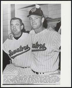 Washington – Brilliant Performance By Senators’ Battery – Pitcher Tom Cheney, right, and his battery-mate Catcher Don Leppert of the Washington Senators, really gave the Boston Red Sox a bad time in tonight’s game in Washington. Cheney held the Red Sox to one infield hit and struck out ten. Leppert drove in five runs with three homers, in the 8-0 defeat of Boston. It was Washington’s first victory of the season after two losses.