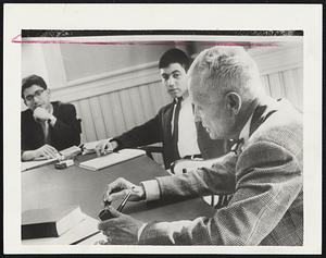 Dartmouth Alumnus and former presidential aide Sherman Adams, right, returned to his alma mater in Hanover, N.H. to teach a history department seminar on "The Eisenhower Years." He is shown with two of the seminar's 14 students, each of whom is required to complete a research paper.