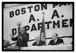 Boston Park Department function, Boston Parks Commissioner William Long seated in center
