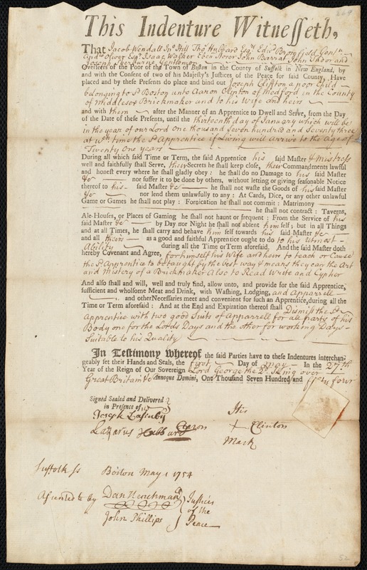 Joseph Clifton indentured to apprentice with Aaron Clinton of Medford, 1 May 1754