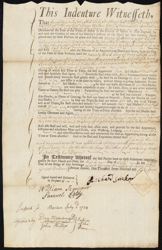 Mary Butcher indentured to apprentice with Richard Stickney of Stoughton, 3 July 1754