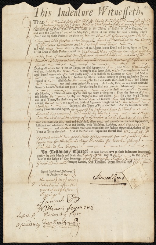 Rachel [Rachell] Glover indentured to apprentice with Samuel Read of Uxbridge, 28 July 1754