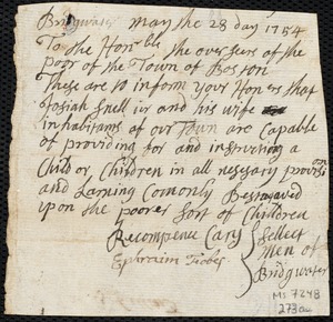 Dorcas Ballard indentured to apprentice with Josiah Snell, Jr. of Bridgewater, 25 September 1754
