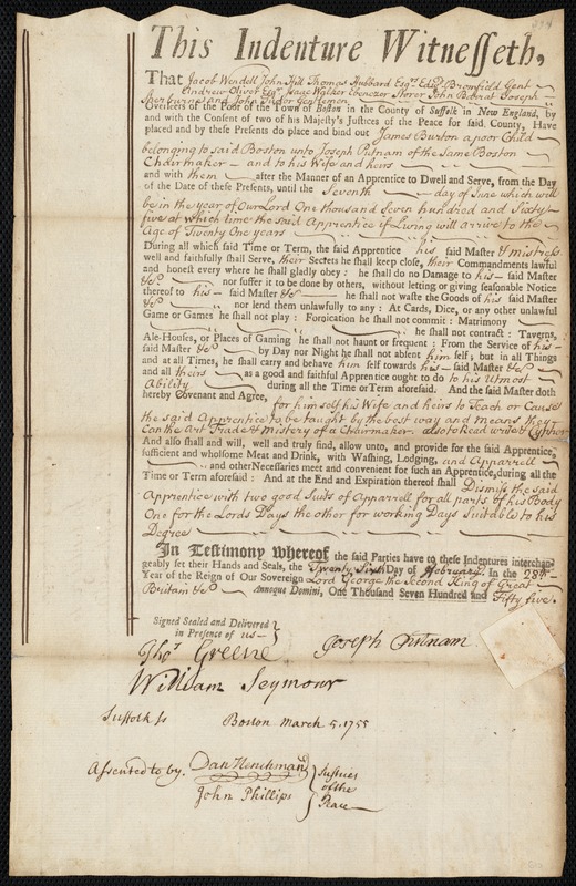 James Burton indentured to apprentice with Joseph Putnam of Boston, 26 February 1755