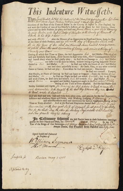 James Hawes indentured to apprentice with Ezekiel Dodge of Abington, 7 May 1755