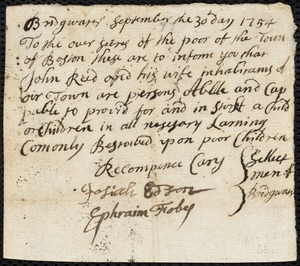 Mary McFay indentured to apprentice with John Reed of Bridgewater, 24 July 1755