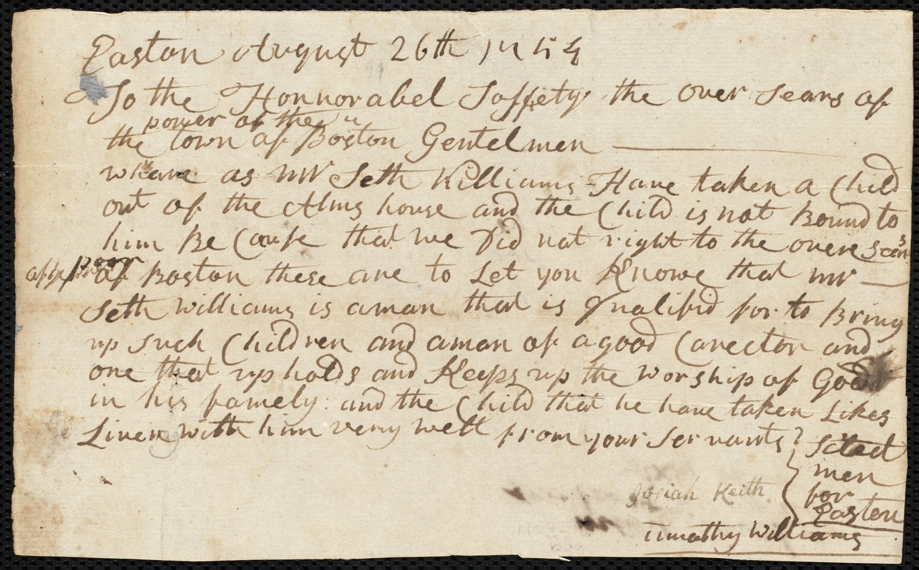 Mary Hinchs indentured to apprentice with Seth Williams of Easton, 23 December 1755
