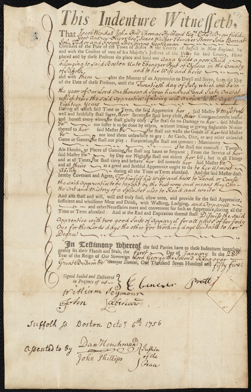Anna Gilds indentured to apprentice with Ebenezer Pratt of Chelsea, 1 January 1755