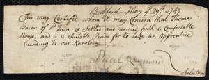 John Collis indentured to apprentice with Thomas Bacon of Bedford, 3 April 1756