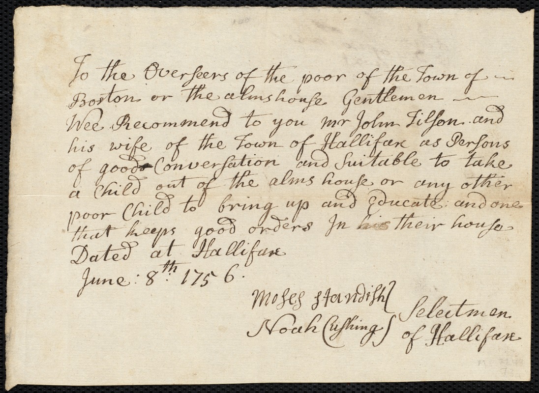 Elizabeth Manning indentured to apprentice with John Tilson of Halifax, 18 June 1756
