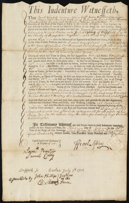 James Perraway indentured to apprentice with Israel Ashley of Westfield, 3 July 1756
