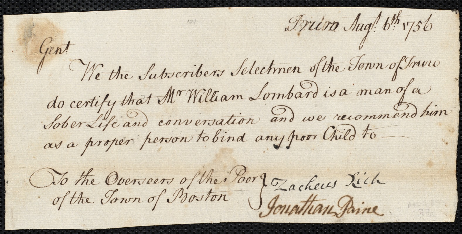 William Bracket indentured to apprentice with William Lombard of Truro, 6 August 1756