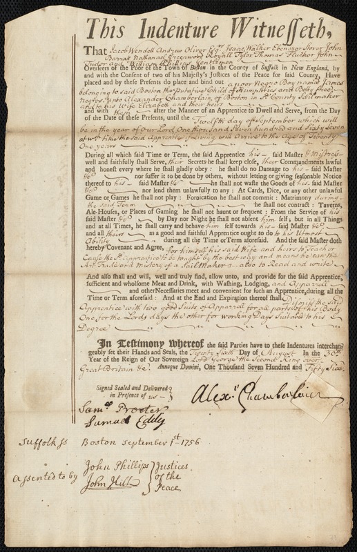 James Humphreys indentured to apprentice with Alexander Chamberlain of Boston, 26 August 1756