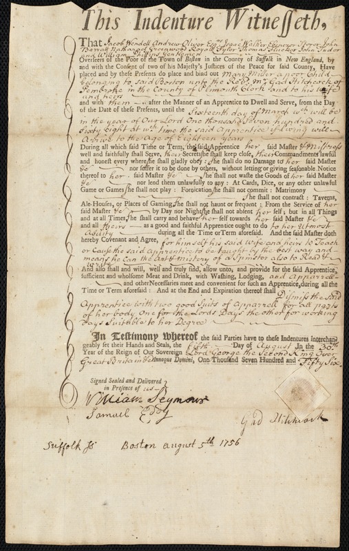 Mary Miller indentured to apprentice with Gad Hitchcock of Pembroke, 5 August 1756