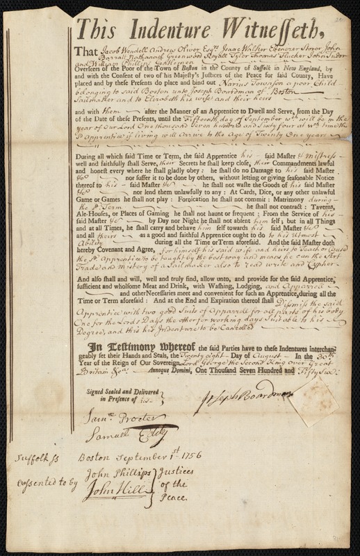 Narius Townson indentured to apprentice with Joseph Boardman of Boston, 28 August 1756