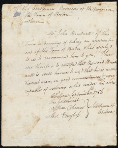 William Townsend indentured to apprentice with John Brintnall of Chelsea, 1 September 1756