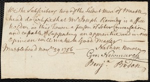 Bartholomew Lynch indentured to apprentice with Joseph Roundey of Marblehead, 1 December 1756