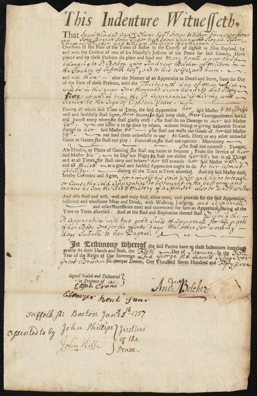 Mary Noall indentured to apprentice with Andrew Belcher of Milton, 5 January 1757