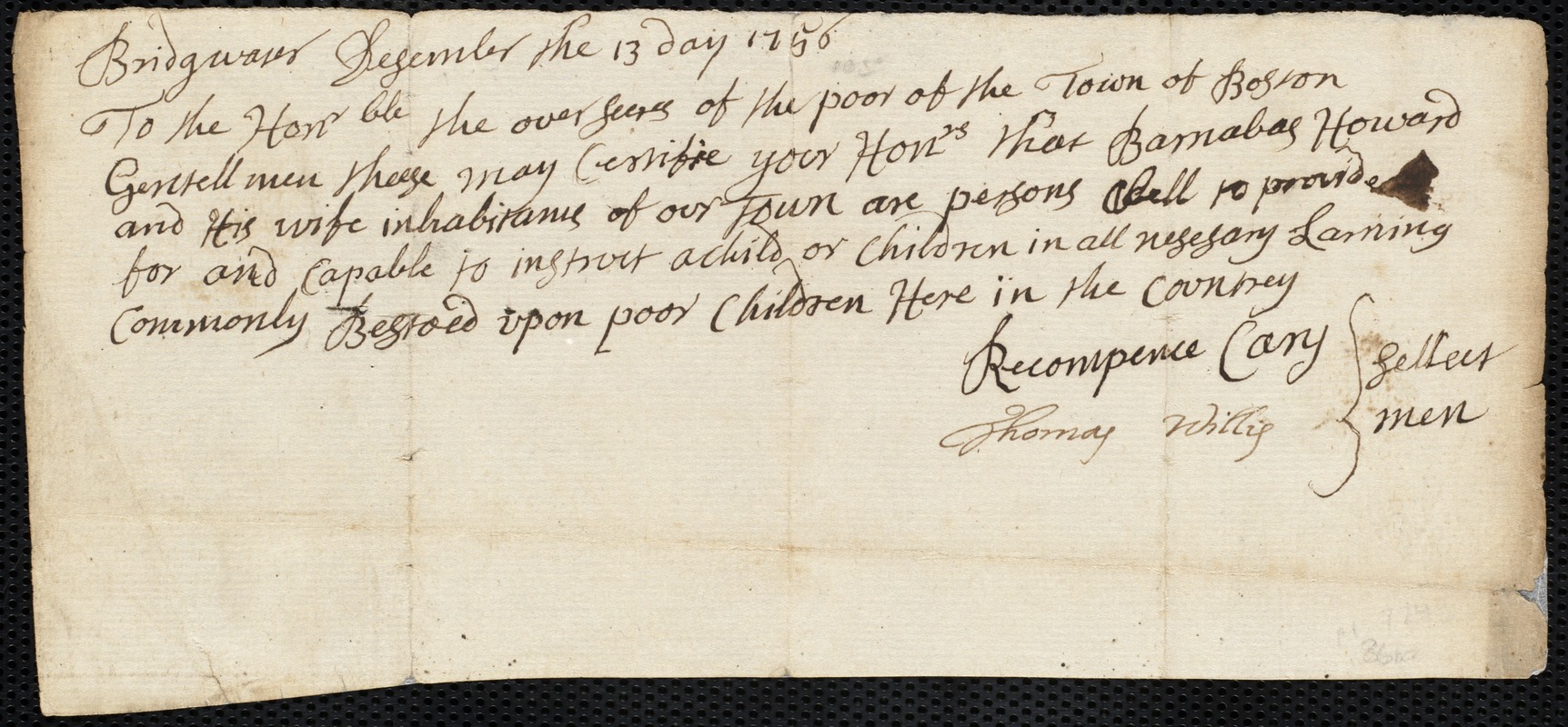Robert Marchie [Merchies] indentured to apprentice with Barnabas Howard of Bridgewater, 17 February 1757