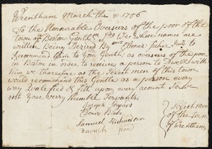 Abigail Craig indentured to apprentice with Ebenezer Fisher of Wrentham, 2 March 1757
