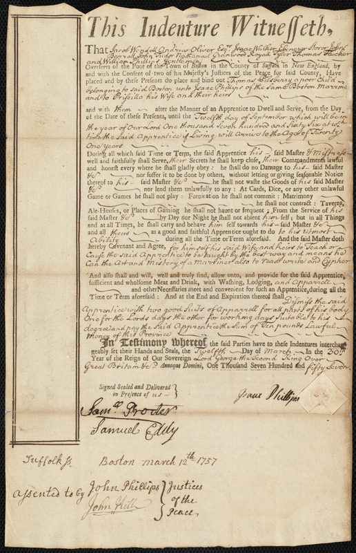 Thomas Pilsberry indentured to apprentice with Isaac Phillips of Boston, 12 March 1757