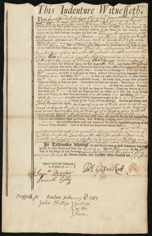 Francis Cummont indentured to apprentice with Philip Godfrid Kast of Boston, 2 February 1757