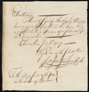 Elizabeth Moody indentured to apprentice with John Phillips of Charlestown, 7 July 1757