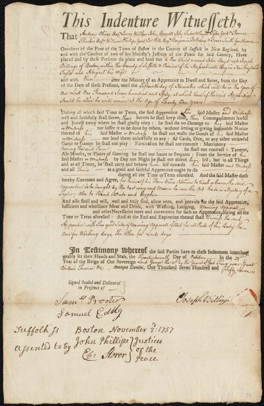 John Boyd indentured to apprentice with Joseph Billings of Boston, 27 October 1757