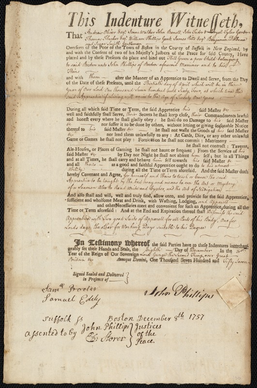 Green Hill indentured to apprentice with John Phillips of Boston, 8 December 1757