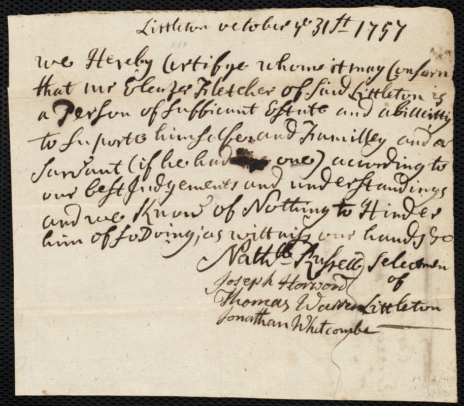 Joseph Miller indentured to apprentice with Eleazer [Ebenezer] Fletcher of Littleton, 31 December 1757
