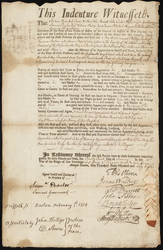 Phillip Peak indentured to apprentice with Jonas Stone of Lexington, 23 January 1758