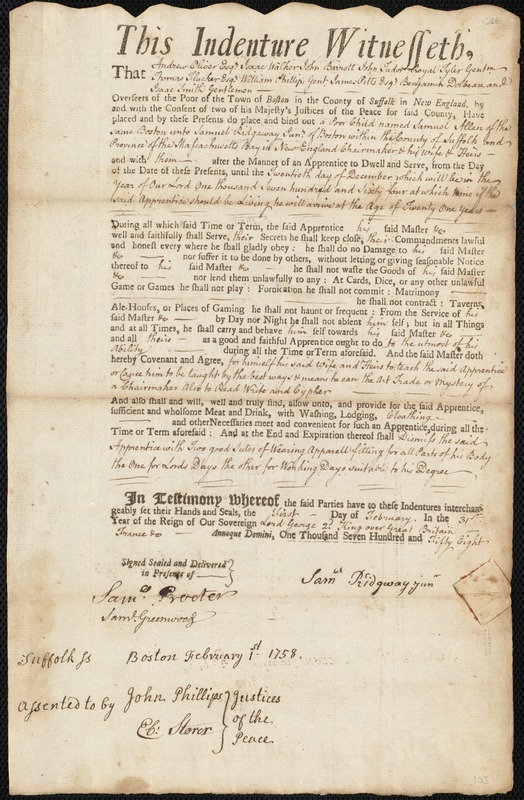 Samuel Allen indentured to apprentice with Samuel Ridgway [Ridgaway],  Jr. of Boston, 1 February 1758