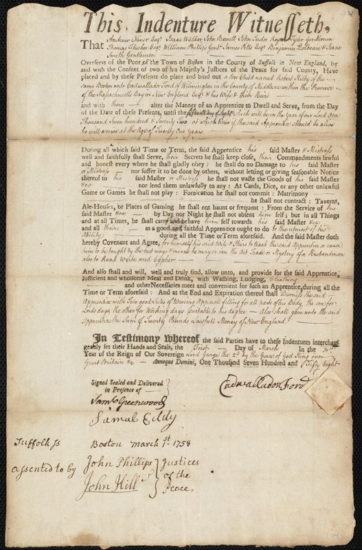 Robert Kilby indentured to apprentice with Cadwallader [Cadwallador] Ford of Wilmington, 1 March 1758